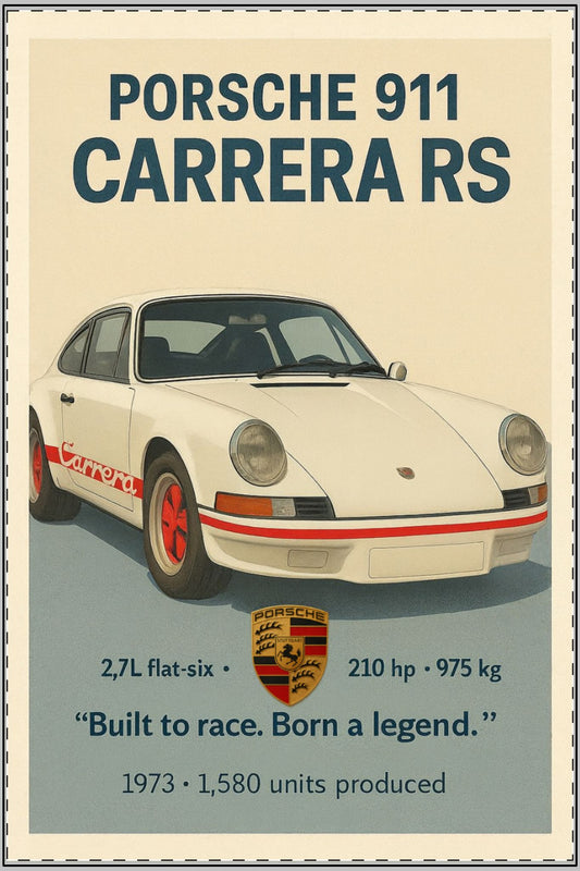 1973 Porsche 911 Carrera RS Poster – “Built to Race. Born a Legend.” (Without Frame)
